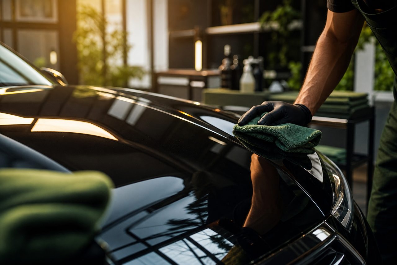 Detailer hand-polishing a glossy black car hood in golden sunlight