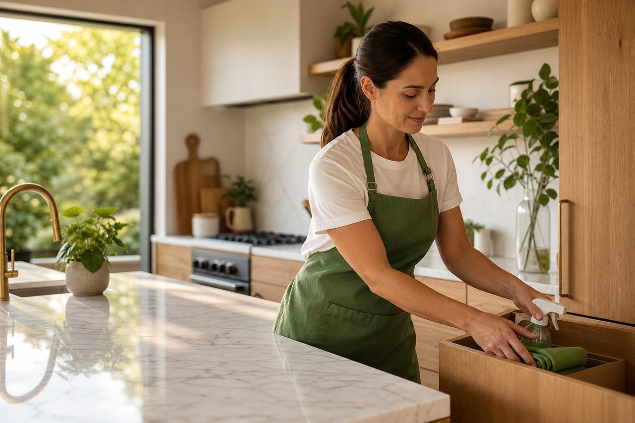 Professional residential cleaner finishing in a bright modern kitchen