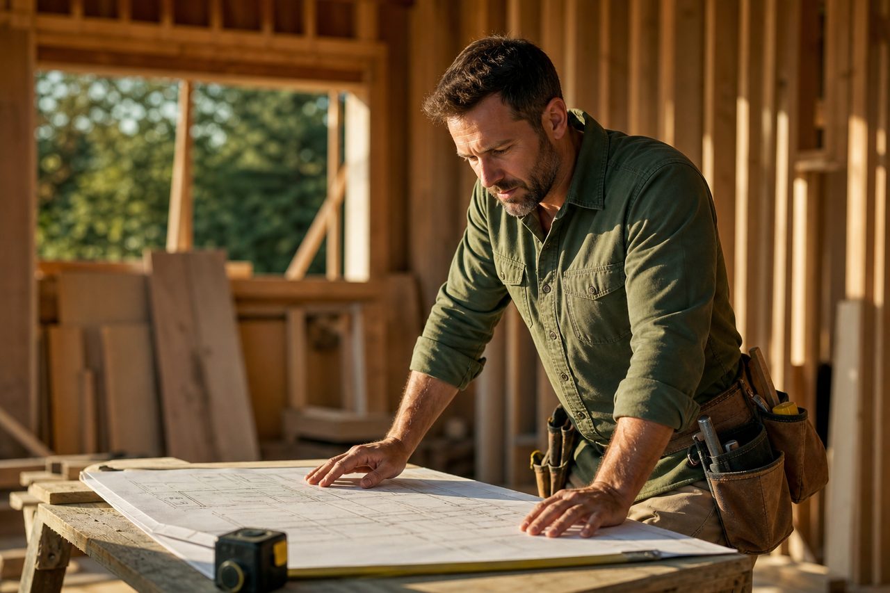 Professional contractor reviewing blueprints on a residential job site