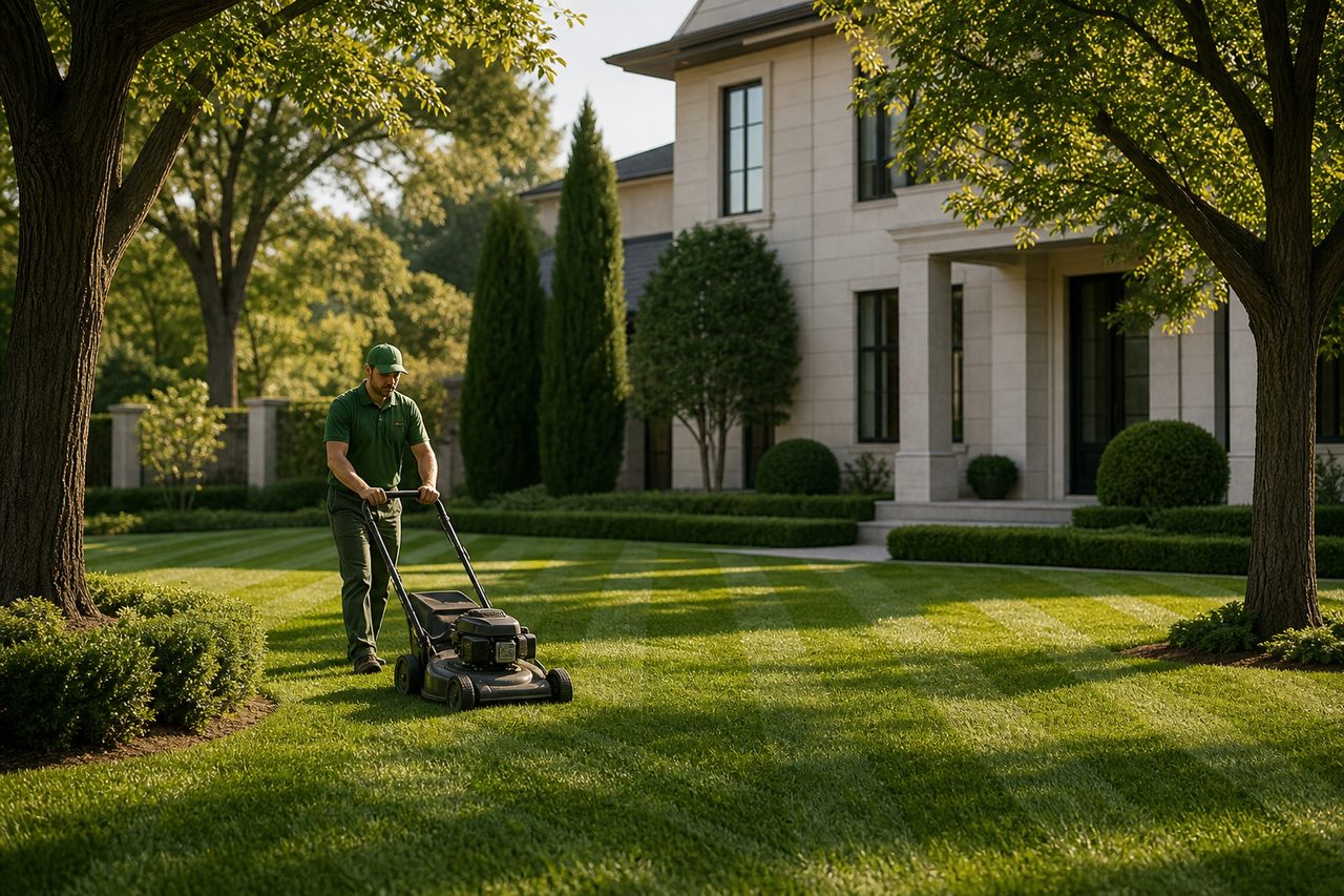 Landscaper mowing geometric stripe pattern across a manicured residential lawn