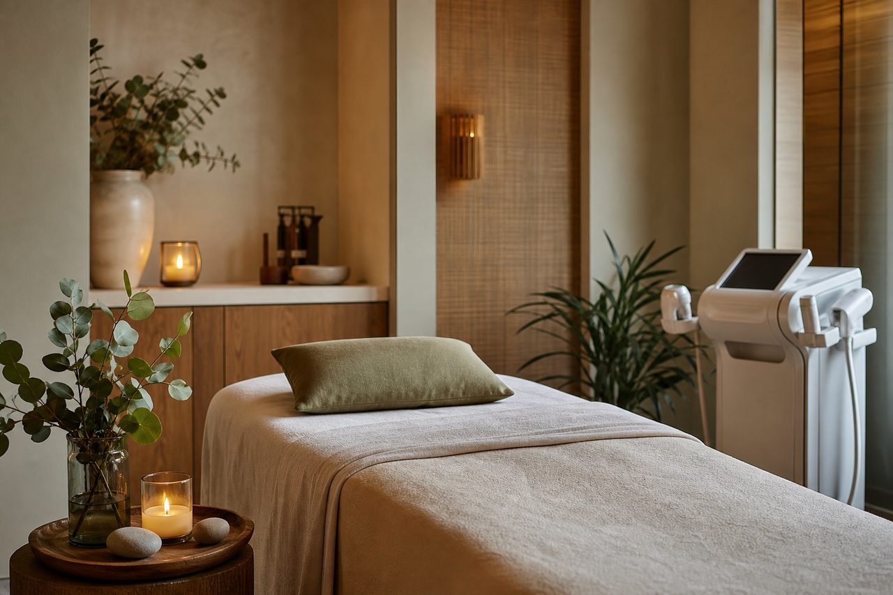 Calm med spa treatment room with eucalyptus, candles, and modern aesthetic equipment