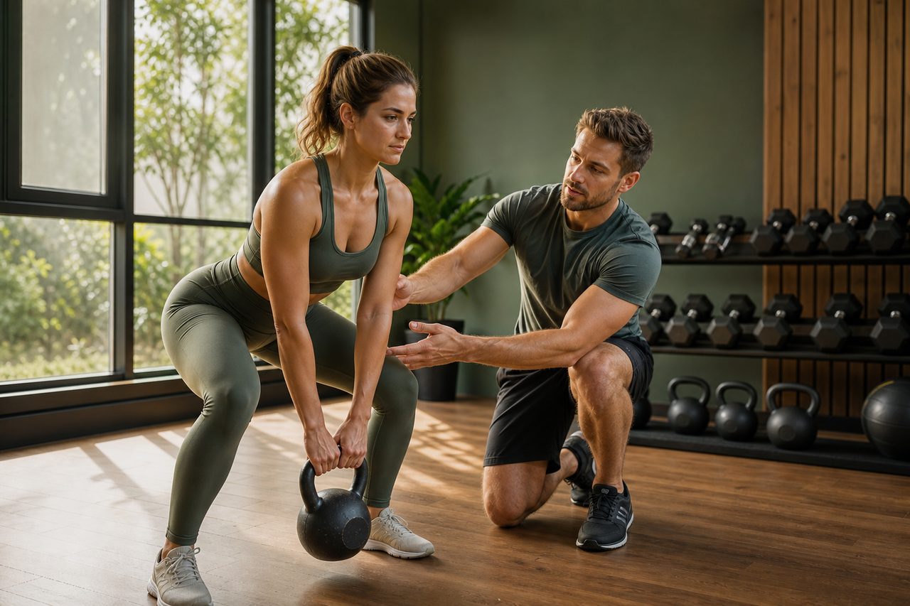 Personal trainer coaching a client through a kettlebell exercise in a modern boutique gym