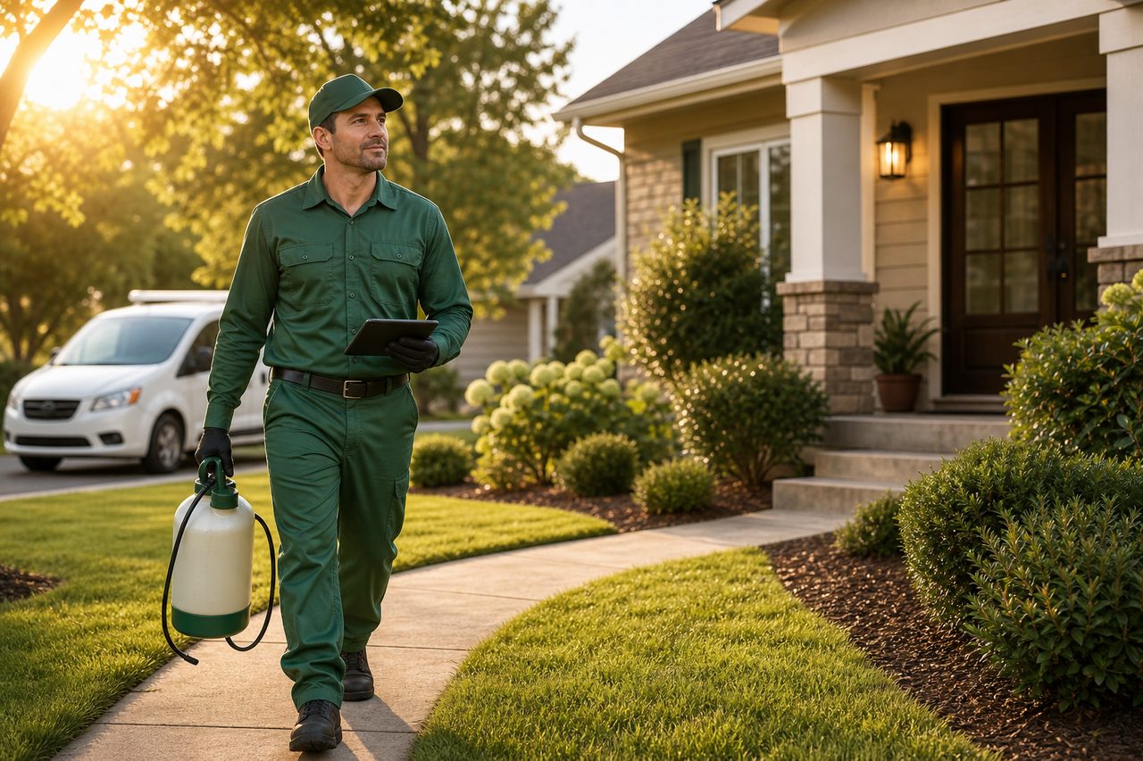Pest control technician in branded green uniform approaching a residential home with sprayer and tablet