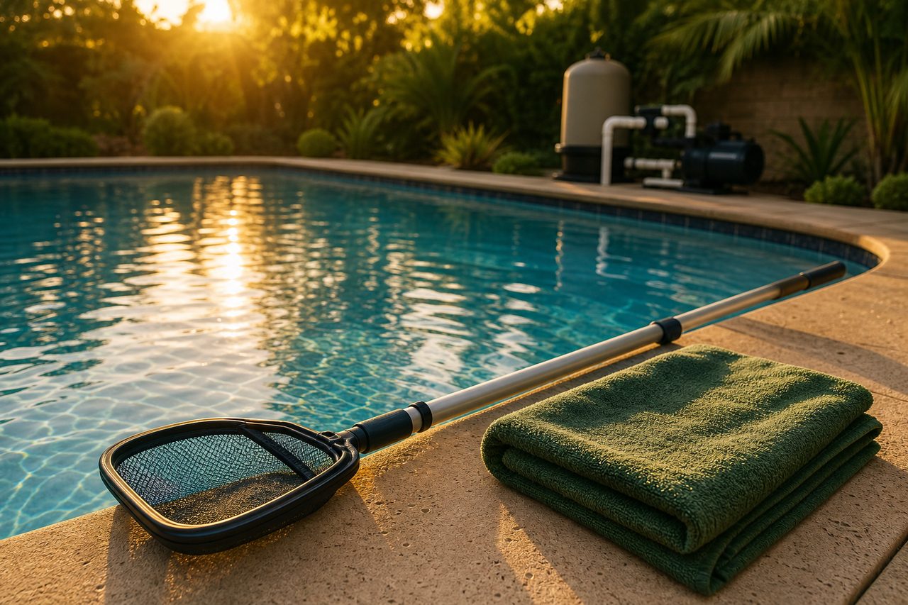 Crystal-clear residential pool at golden hour with skimmer and service towel