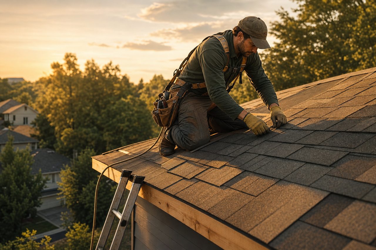 Roofer installing asphalt shingles on a residential roof at golden hour